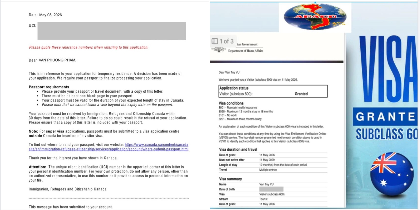 ĐẦU TUẦN RỰC RỠ ĐÓN VISA ÚC VÀ CANADA